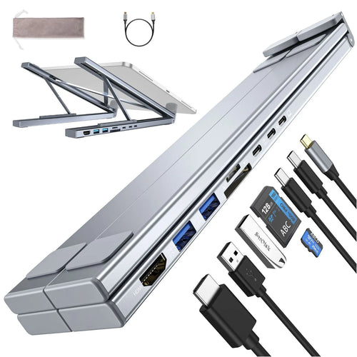 Aluminium folding laptop docking station stand with multi-port hub and HDMI output on a desk