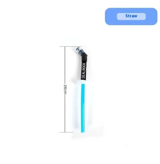 Grey portable water filter straw with textured grip and long flexible silicone tube, shown with a carabiner clip.