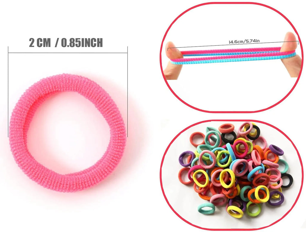 100 seamless cotton baby hair ties in 10 colours displayed in jar packaging
