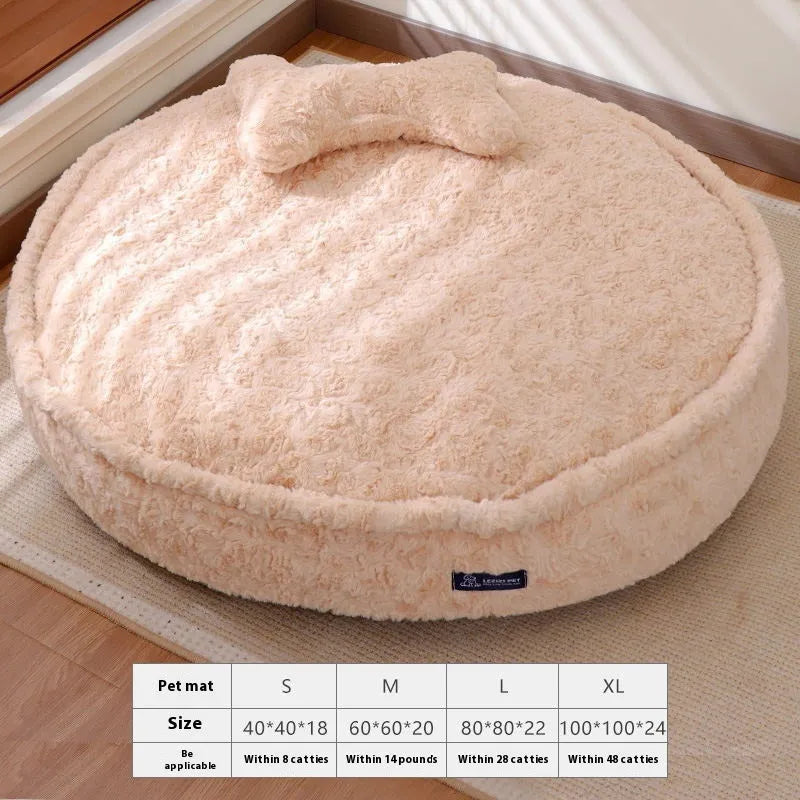 Round nest style pet bed in milk tea colour with a removable cloth cover, shown with S, M, L, XL size options.