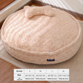 Round nest style pet bed in milk tea colour with a removable cloth cover, shown with S, M, L, XL size options.