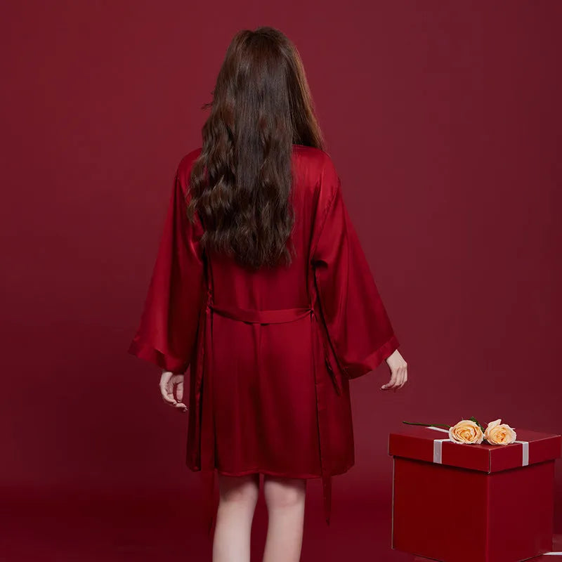 Men's and women's red ice silk wedding dowry sleepwear suit set with long sleeves and trousers