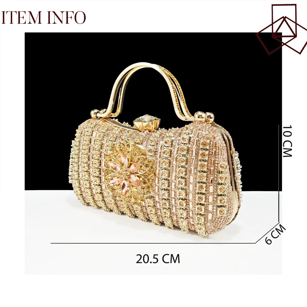 Black high heel ankle strap shoes with floral buckle and matching rhinestone clutch bag.