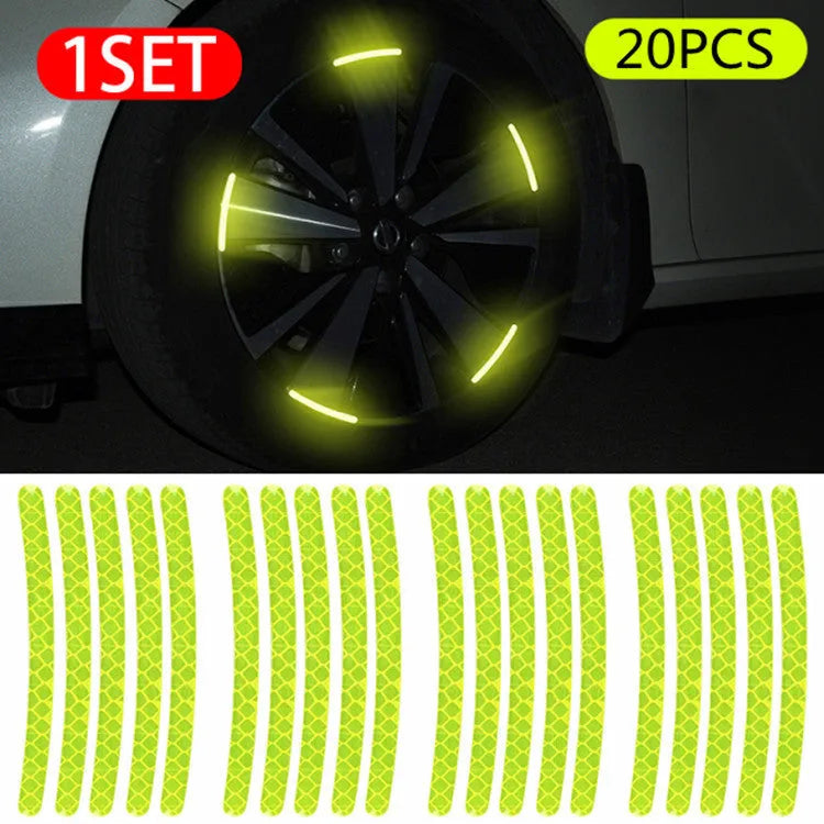 20-piece car wheel hub reflective stickers in PVC with multiple colour options for tyre warning and decoration