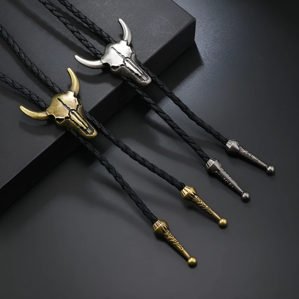 Pentagram cow alloy pendant necklace with leather rope chain, antique bronze or silver finish, 81cm and above