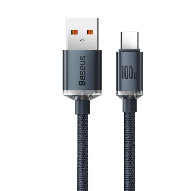 Crystal Shine Series USB to Type C 100W fast charging data cable with aluminium alloy casing and braided-fabric cable in black