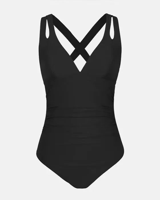Solid colour one-piece swimsuit with triangle top and cross-back shoulder straps