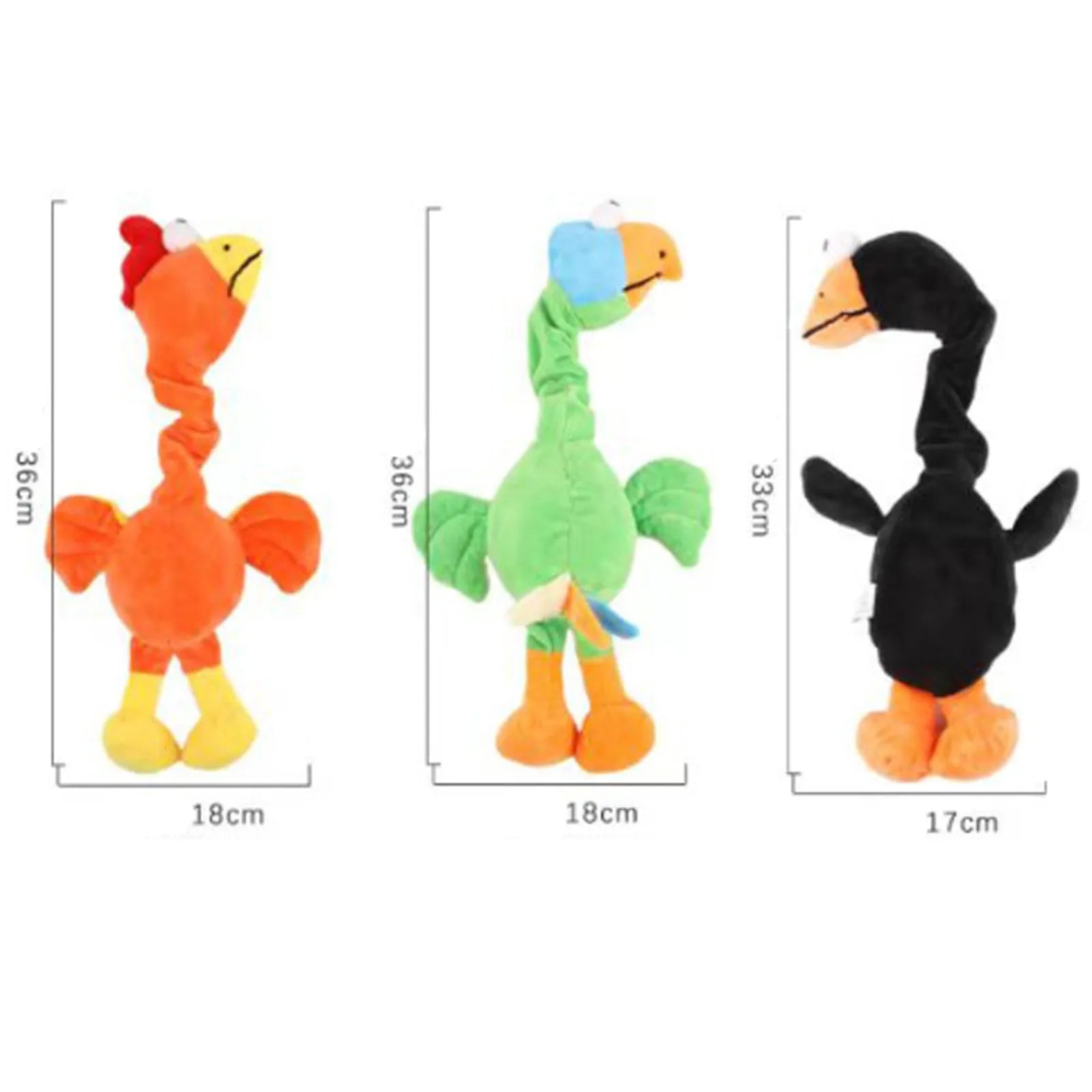 Screaming chicken sound dog chew toy in rubber material showing black, green and orange colour options