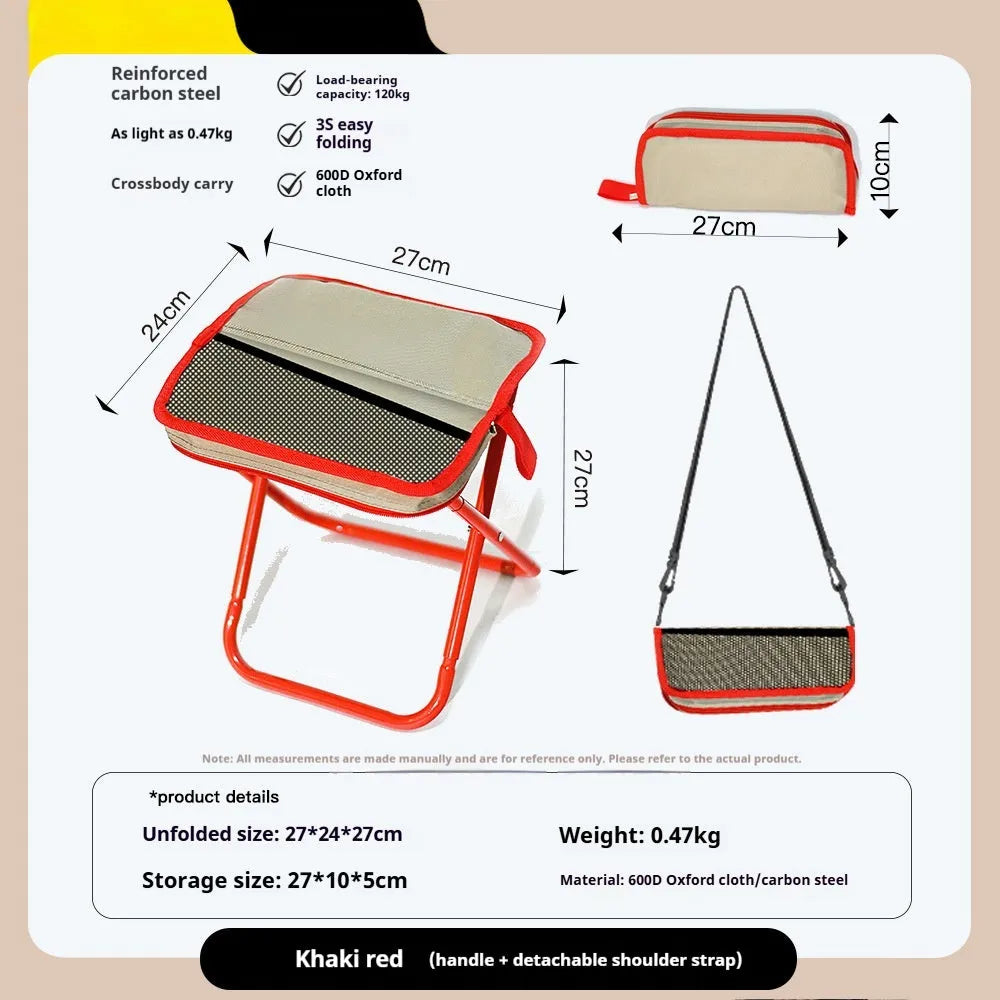 Lightweight foldable camp stool in khaki colour, shown folded flat in pencil box style.