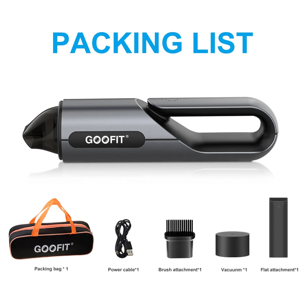 Black wireless handheld car vacuum cleaner with brush and flat attachments on a car seat.