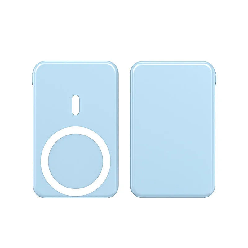 Ultra-thin portable power bank with magnetic wireless charging for iPhone in black, blue or white colours