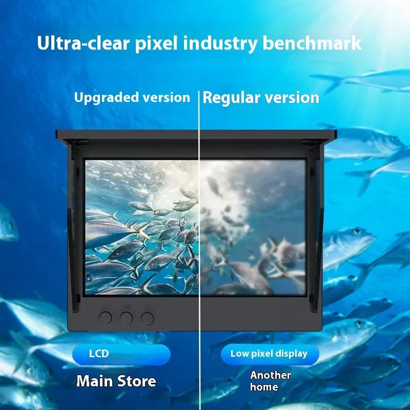 Underwater fish finder HD camera with 4.3-inch screen, showing a video feed of fish and aquatic plants.