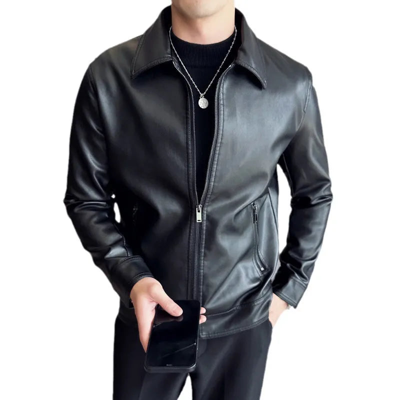 Men's black PU leather casual jacket showing front zipper and zippered pockets