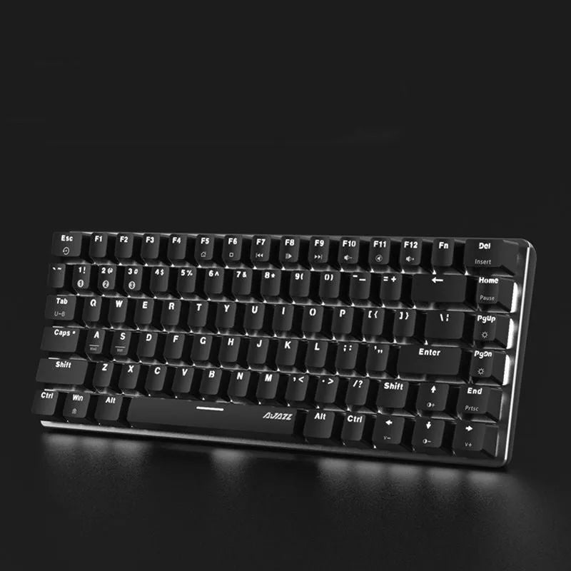 Heijue AK33 82-key mechanical keyboard black shaft white light version on desk with metal panel