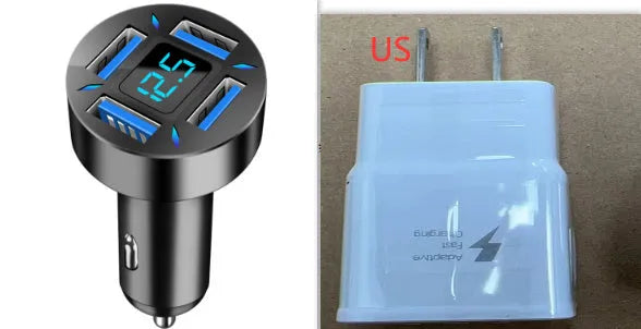 Four-port USB car charger with LED digital voltage display showing 12V.