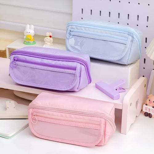 Korean style ten-layer flip canvas pencil case open to show multiple compartments.