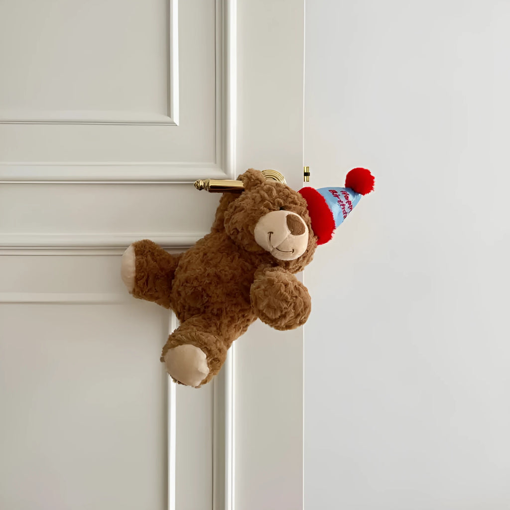 Cute birthday bear plush doll 25cm height soft fabric door handle decoration