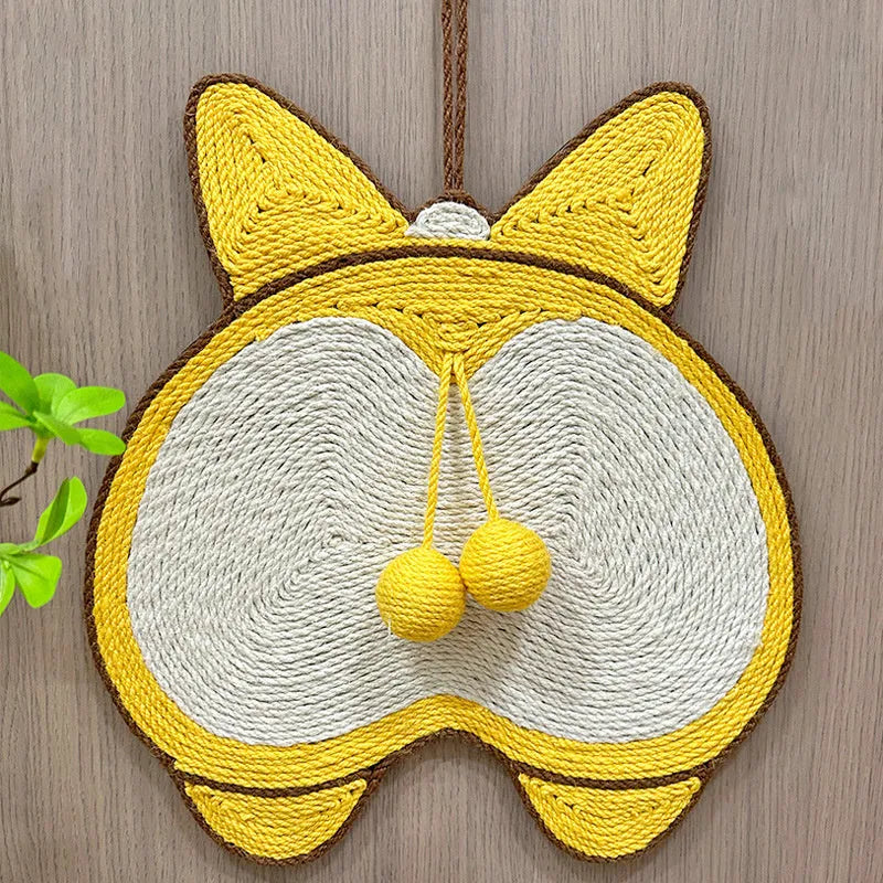 Yellow Corgi pattern sisal cat scratching board with wall hooks and anti-slip base