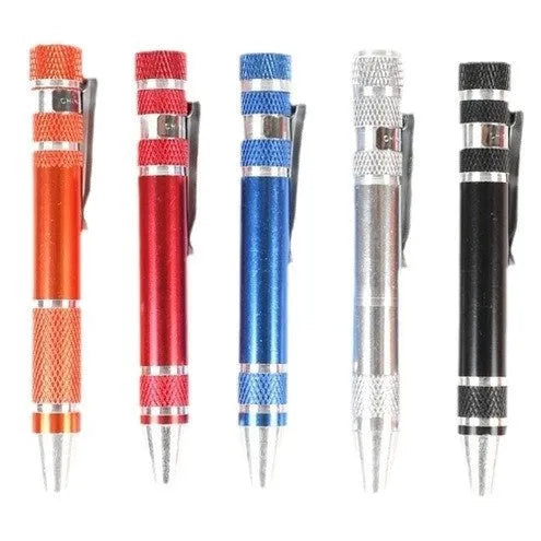 Aluminium alloy pen-type 8-in-1 screwdriver set in assorted colours with chrome vanadium steel shaft.
