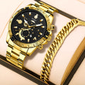 Men's gold-colour business quartz watch with stainless steel strap and calendar on dial