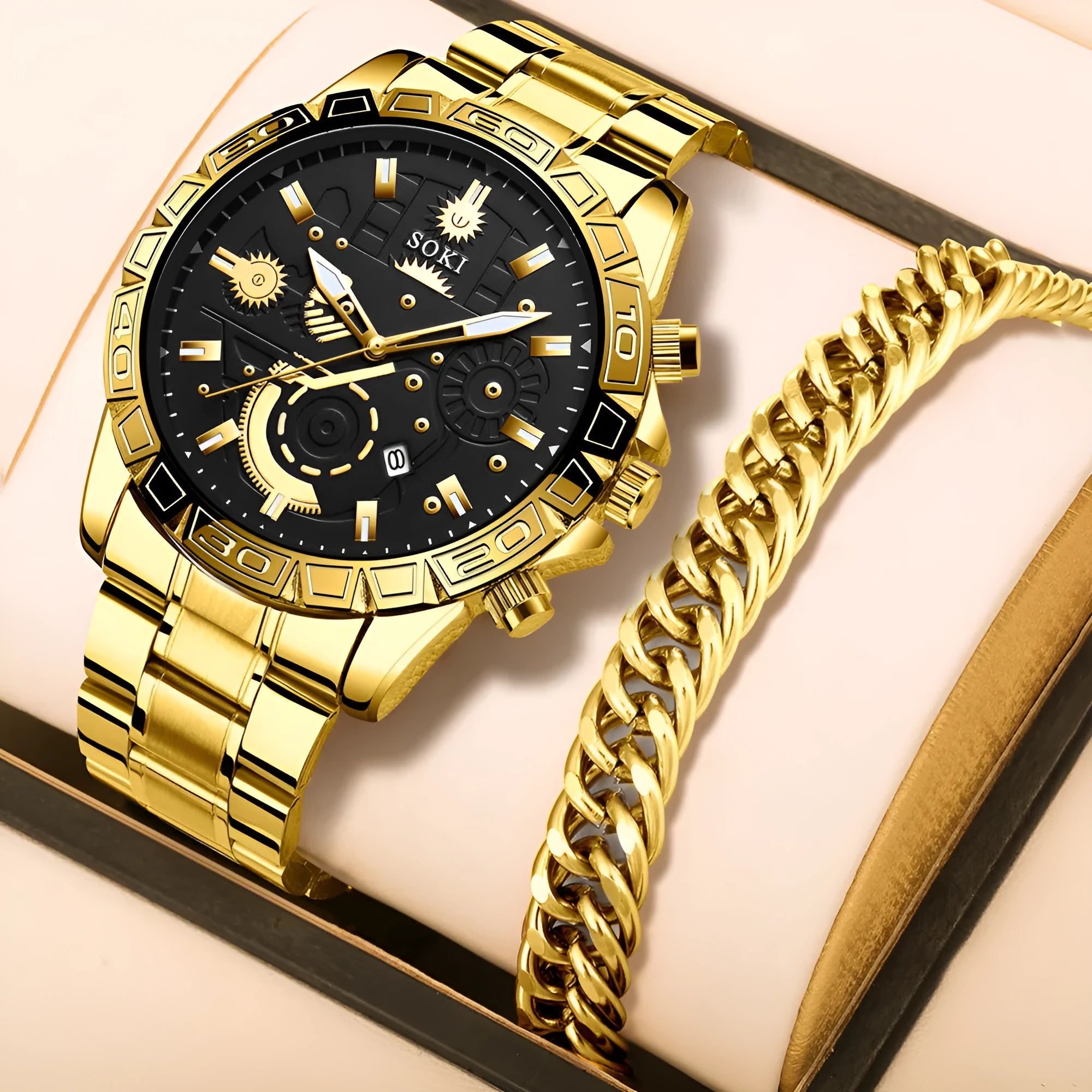 Men's gold-colour business quartz watch with stainless steel strap and calendar on dial