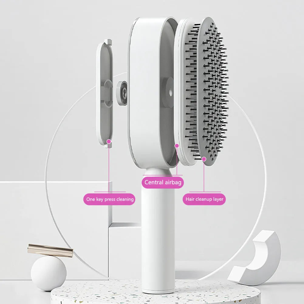 Self-cleaning hair brush with air cushion design and one-key cleaning function in various colour options