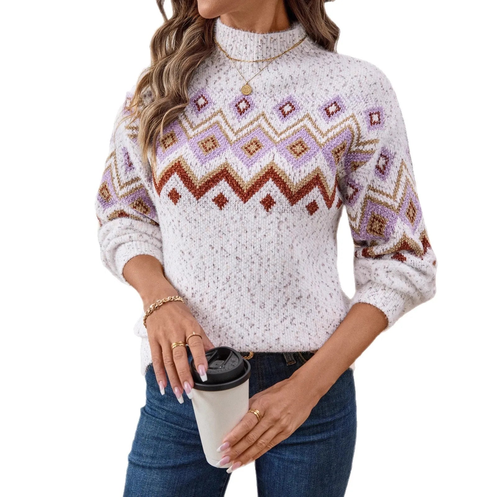 White women's sweater with geometric jacquard pattern, half turtleneck, and loose casual fit