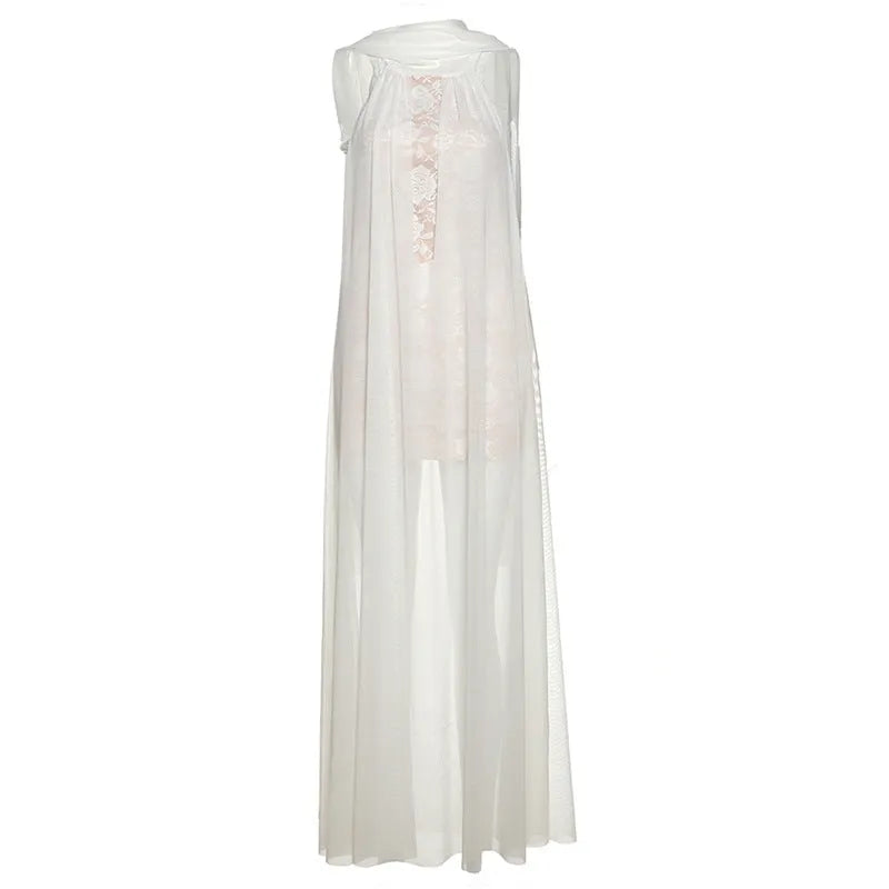 Women's halter lace stitching A-line long dress, white, high waist, street fashion, sizes S M L