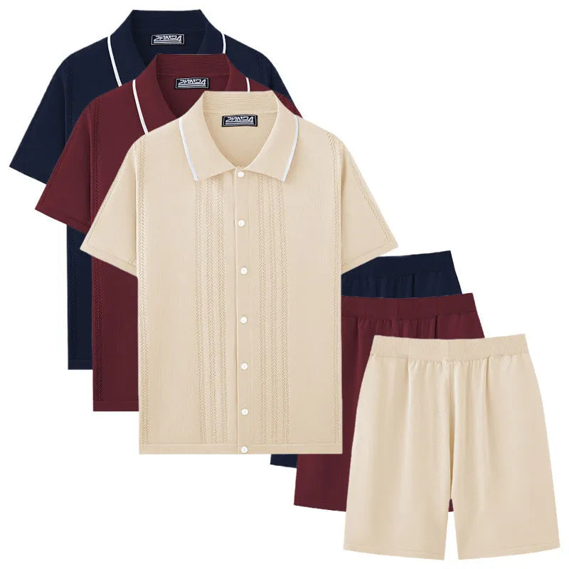 Khaki Tencel knitted short sleeve top and matching shorts two-piece set laid flat.