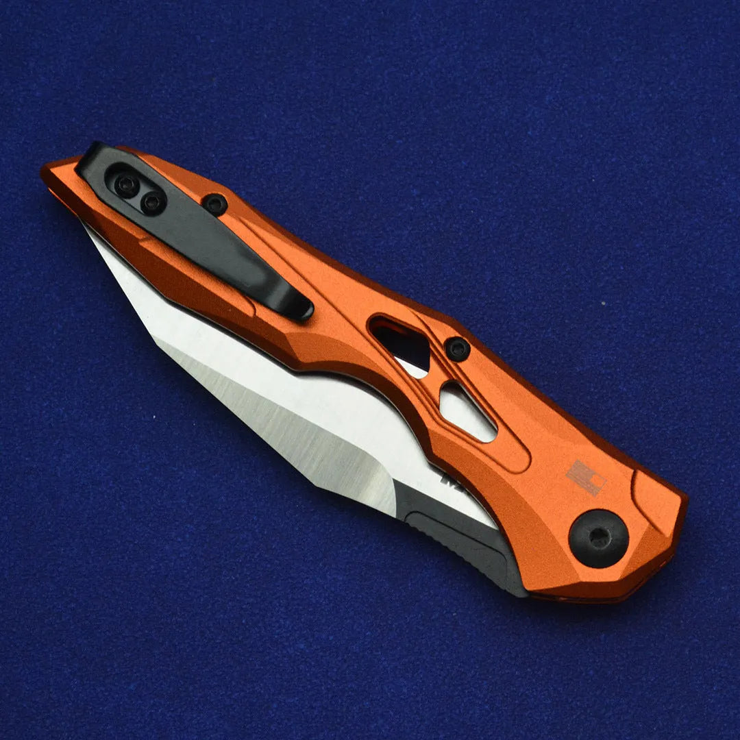 Black folding fruit knife with D2 steel blade and aluminium handle, shown open with measurements.