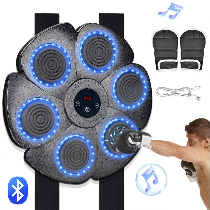 Black plastic smart boxing wall target with Bluetooth and lights, includes half-finger gloves.