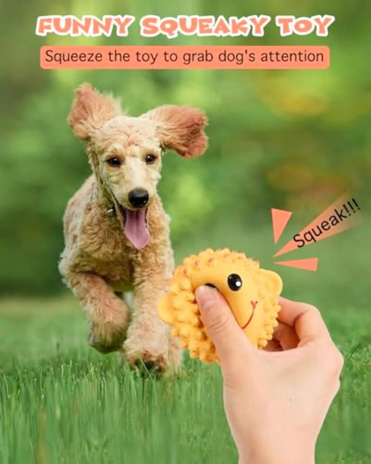 Orange and yellow spiky latex squeaky dog toy for small medium breeds.