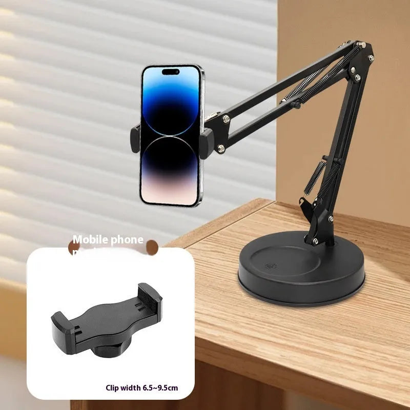 Desktop adjustable mobile live streaming photography stand with cantilever arm in silver and black ABS metal finish