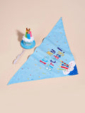 Printed polyester dog birthday hat and drool towel set in cartoon style with blue and pink colour options.