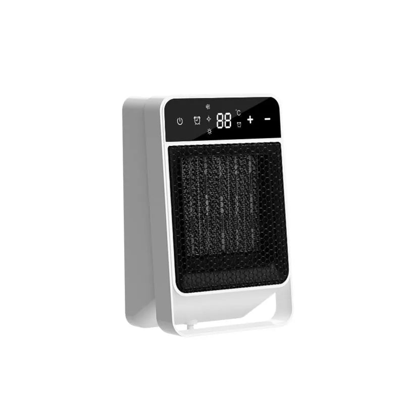 Black desktop electric heater with touch screen display and remote control on a wooden desk.