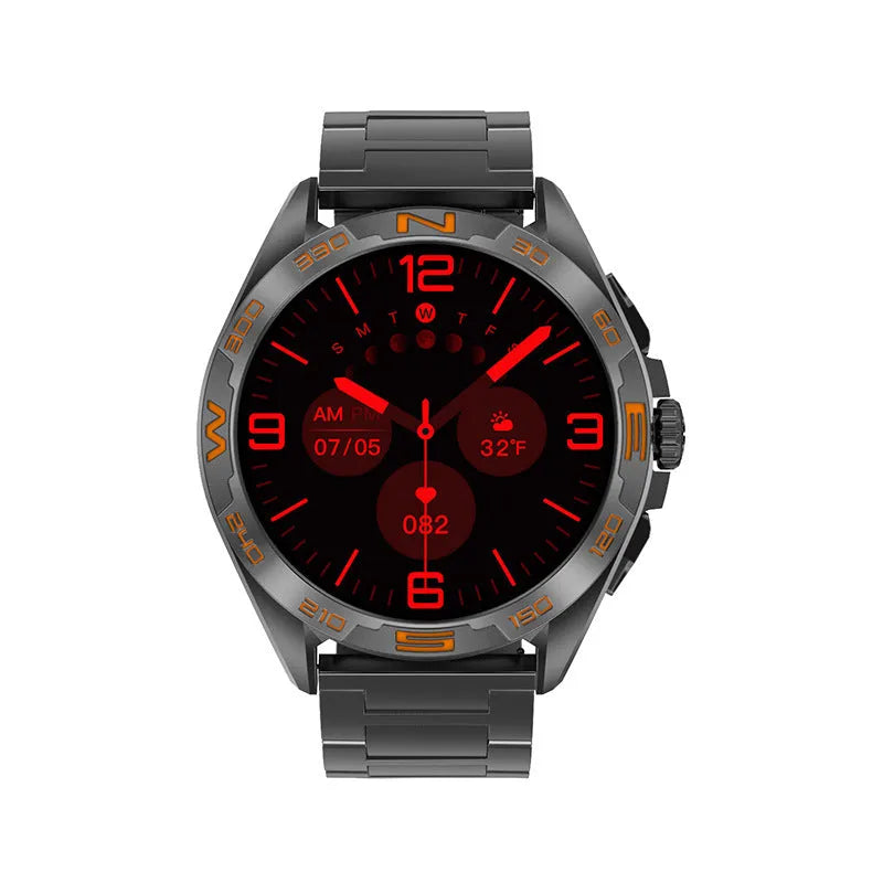 Black smartwatch with health sensors on wrist, displaying blood pressure and heart rate data on its IPS touchscreen.