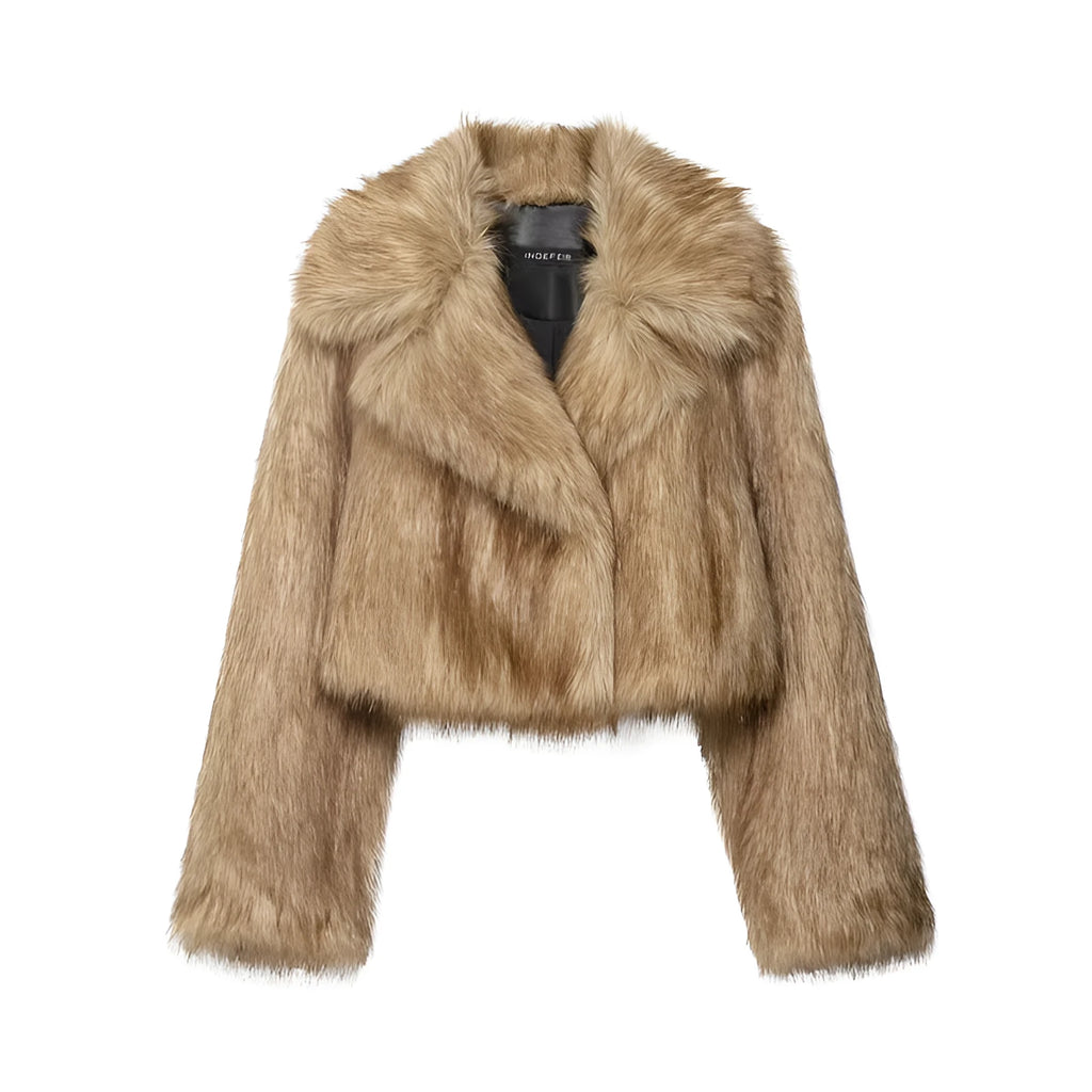 Women's brown artificial fur effect short coat with long sleeves, casual style, sizes XS to L