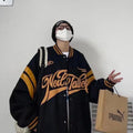 Loose-fit polyester baseball jacket with stand-up collar in lake blue, front view