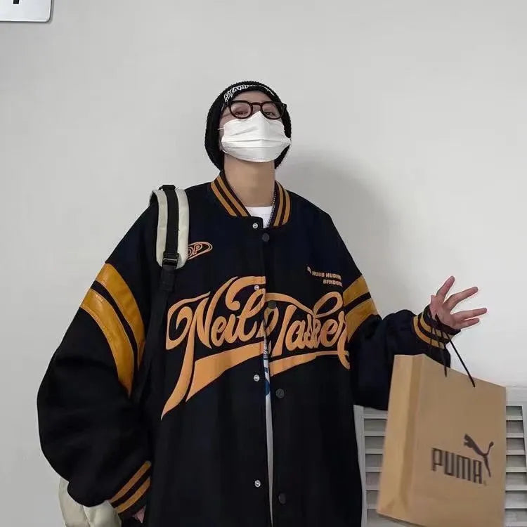 Loose-fit polyester baseball jacket with stand-up collar in lake blue, front view