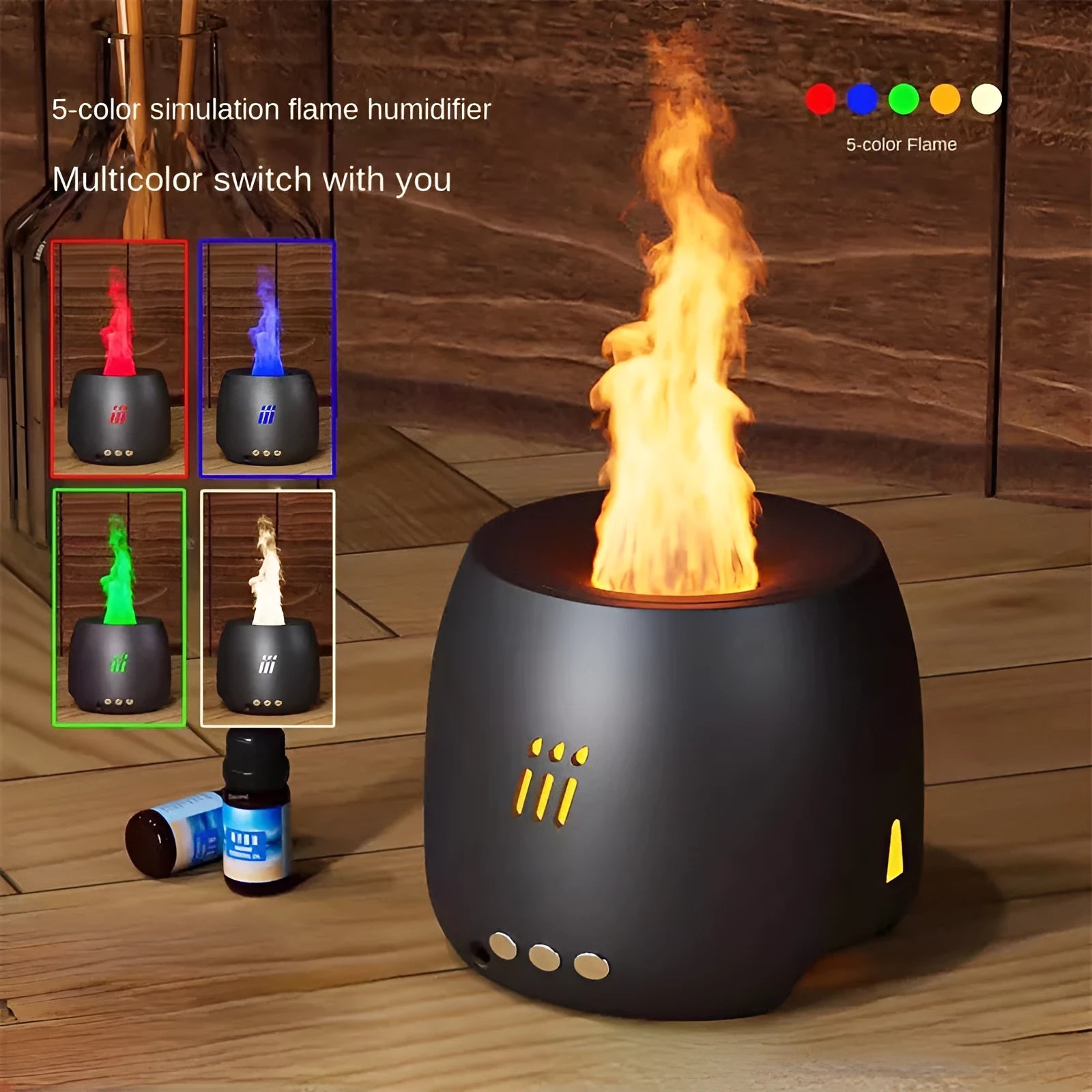 Black round flame aroma diffuser and humidifier with LED lights on a table.