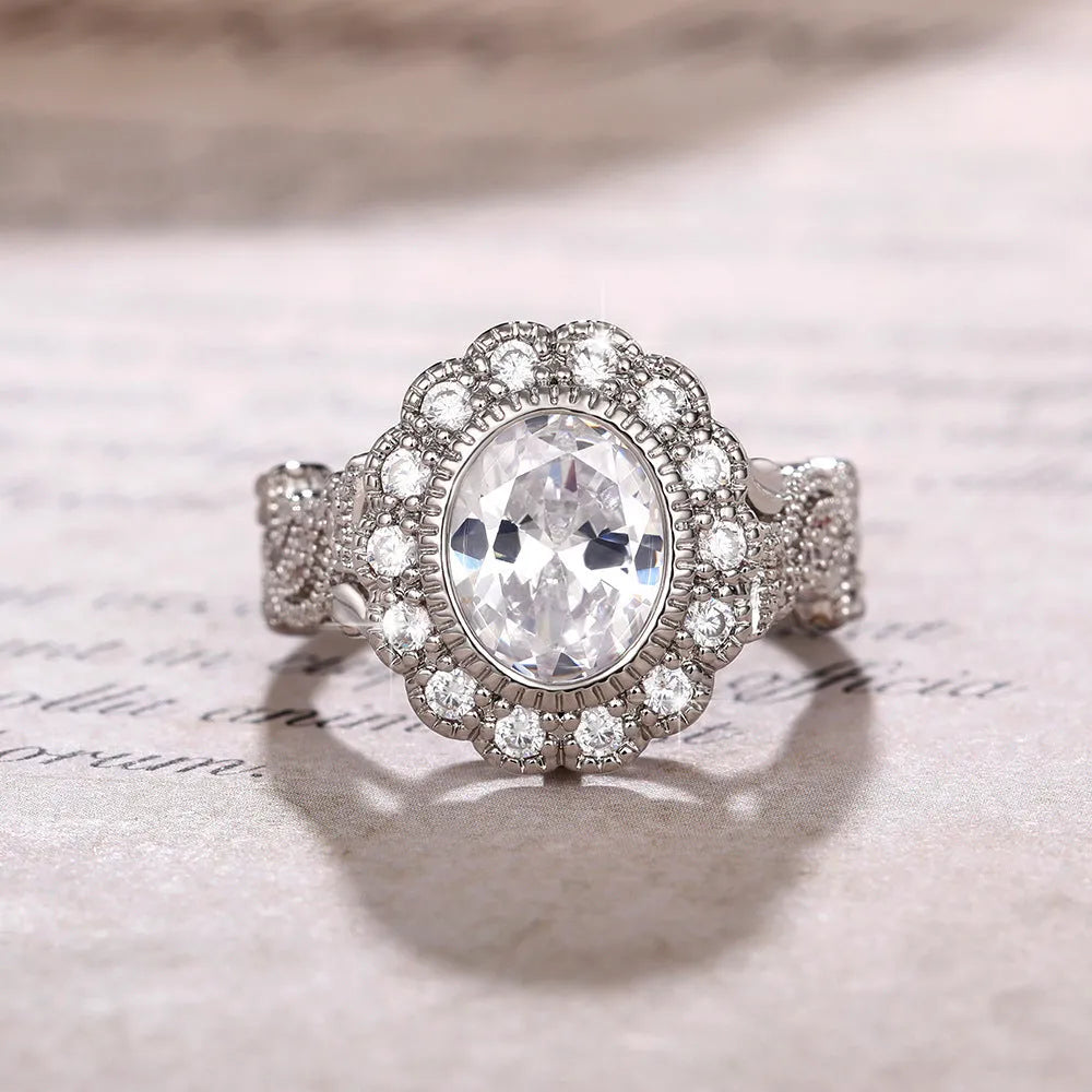 Geometry style ring with round zircon stone and diamond plating in white gold colour