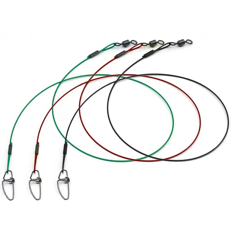 Set of green, black, and red steel wire fishing pins with double buckle ends, each 54cm long.