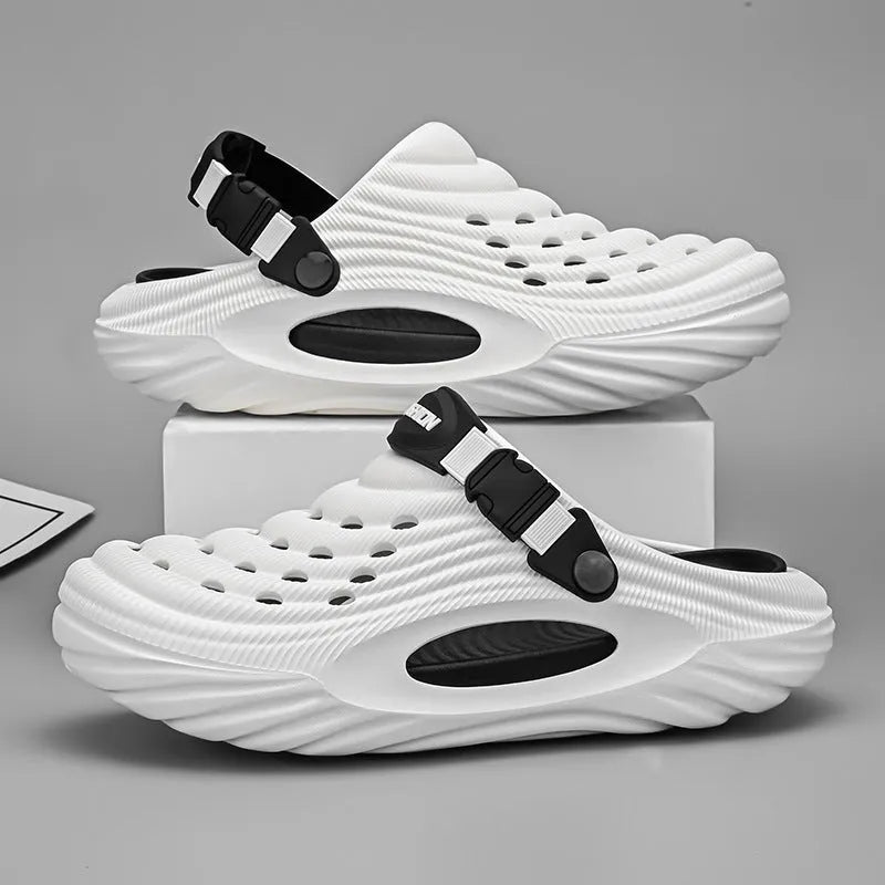 Men's solid colour EVA platform slippers with a hollow-out design, shown in light green.