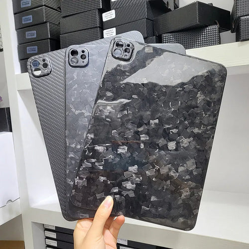 Carbon fibre hard protective case for iPad Pro 11 showing forged surface texture