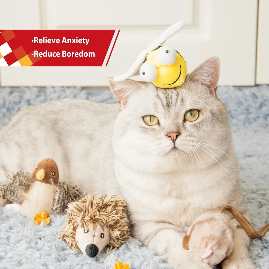 Yellow bee-shaped electronic cat toy with motion-activated chirping for indoor feline entertainment
