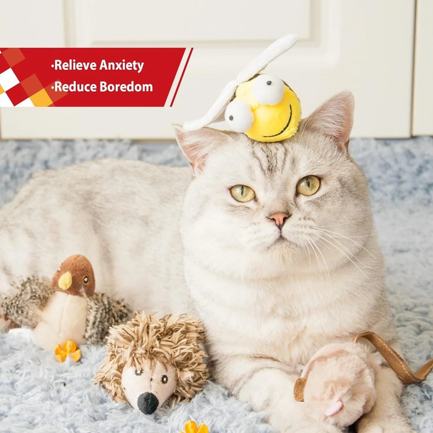 Yellow bee-shaped electronic cat toy with motion-activated chirping for indoor feline entertainment