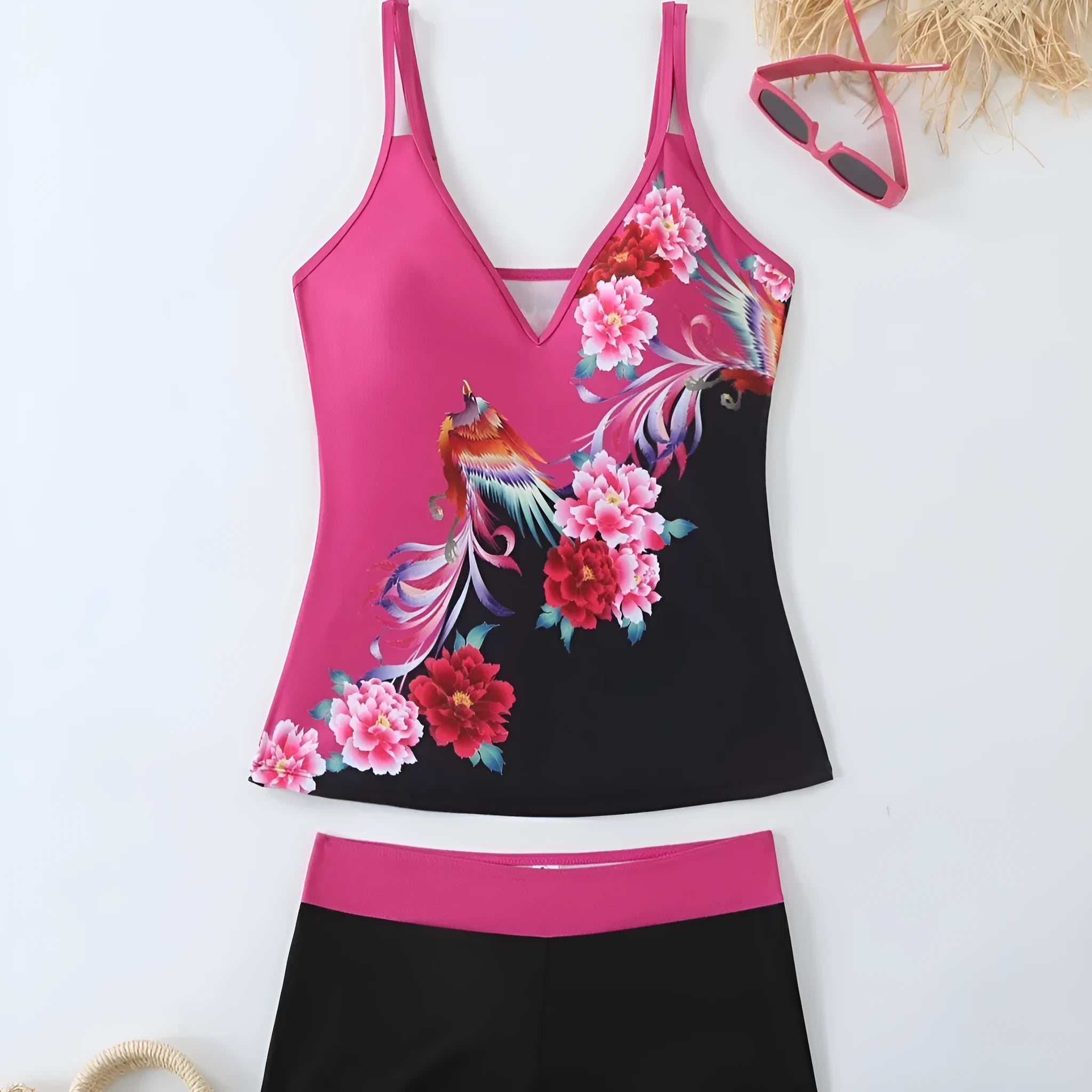 Women's plus size printed swimsuit in black or rose red with briefs style.