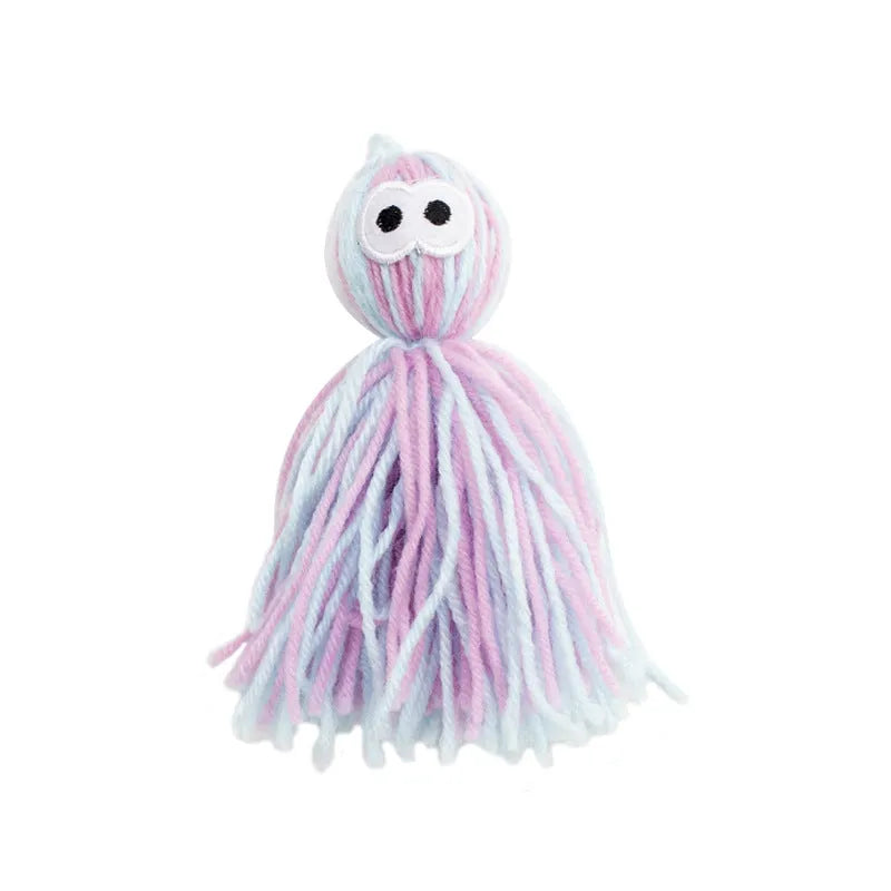 Cat toy set with wool ball, hanging attachment, and teaser stick in blue-gray colour combination
