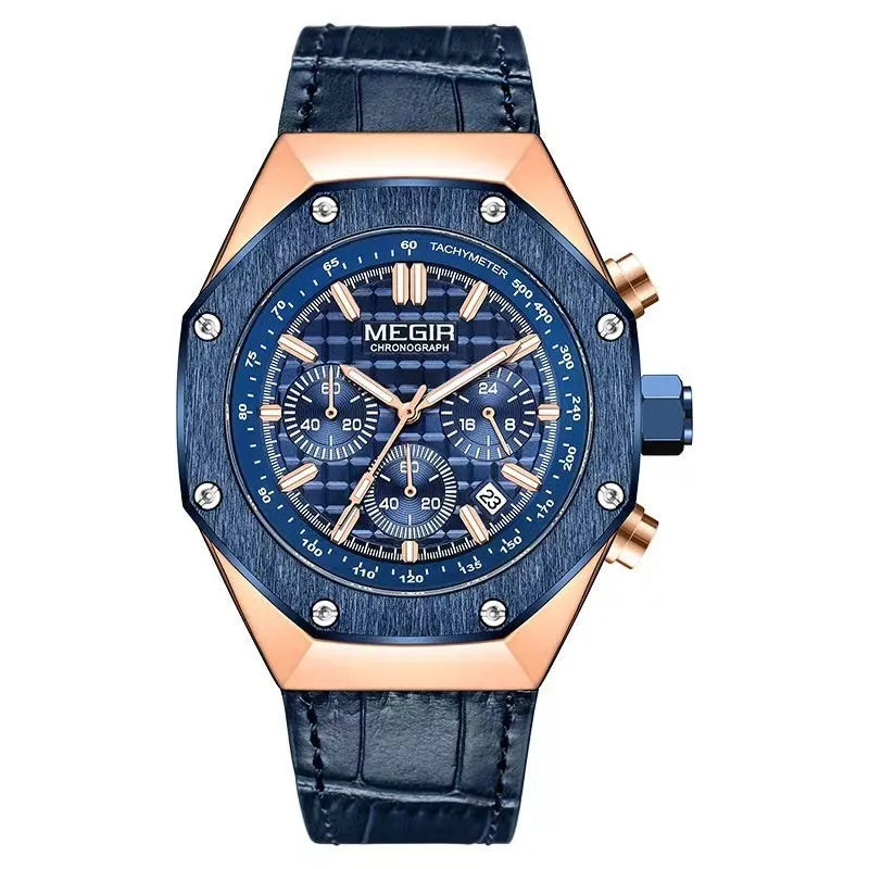 Men's multifunctional waterproof quartz watch showing three colour variations on wrist