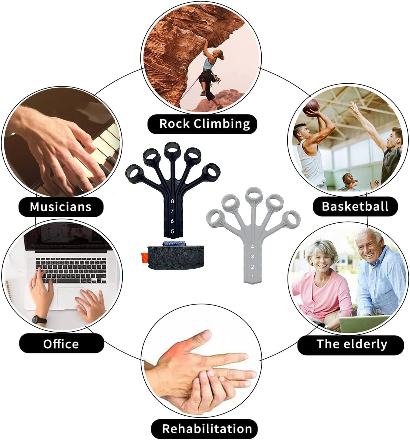 Black silicone finger tension rope puller with an adjustable belt for rehabilitation training